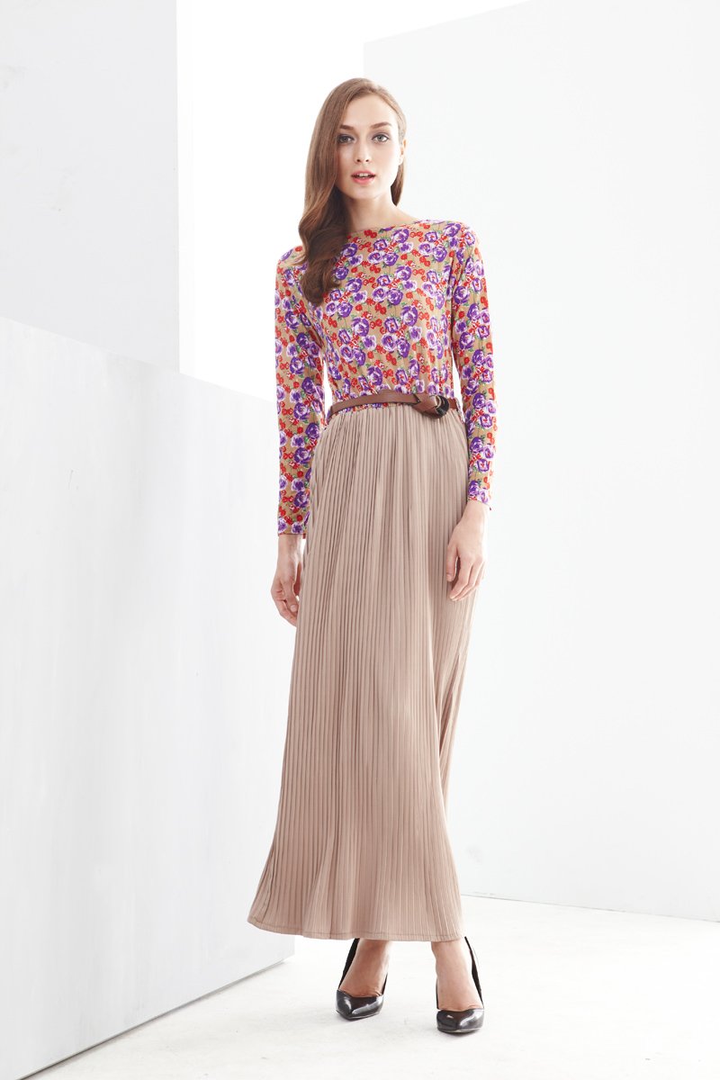 2 pieces joint flower printed pleated jubah dress (with belt)