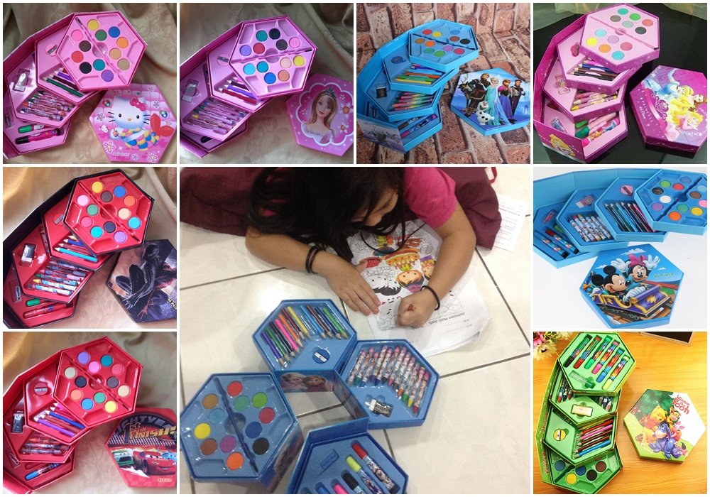 46 pieces 4 tiers cartoon color art drawing giftset present disney hello kitty, cars mcqueen, mickey, frozen, barbie, princess, pooh, spongebob, spiderman