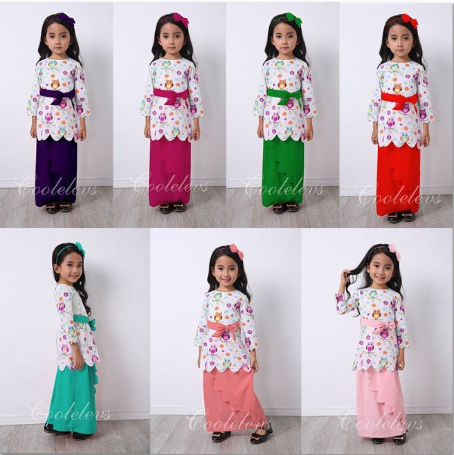 [ready stock] baju kurung owl (cool elves) top+skirt+headband size 1y (darkpink , purple)