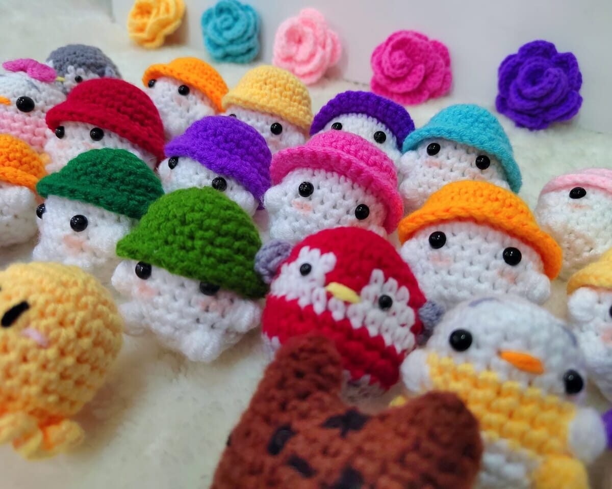 handmade cute keychain amigurumi crochet penguin, mushroom, duck cat present gift birthday boy girl multicolored