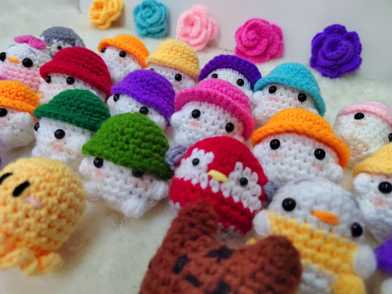 handmade cute keychain amigurumi crochet penguin, mushroom, duck cat present gift birthday boy girl multicolored