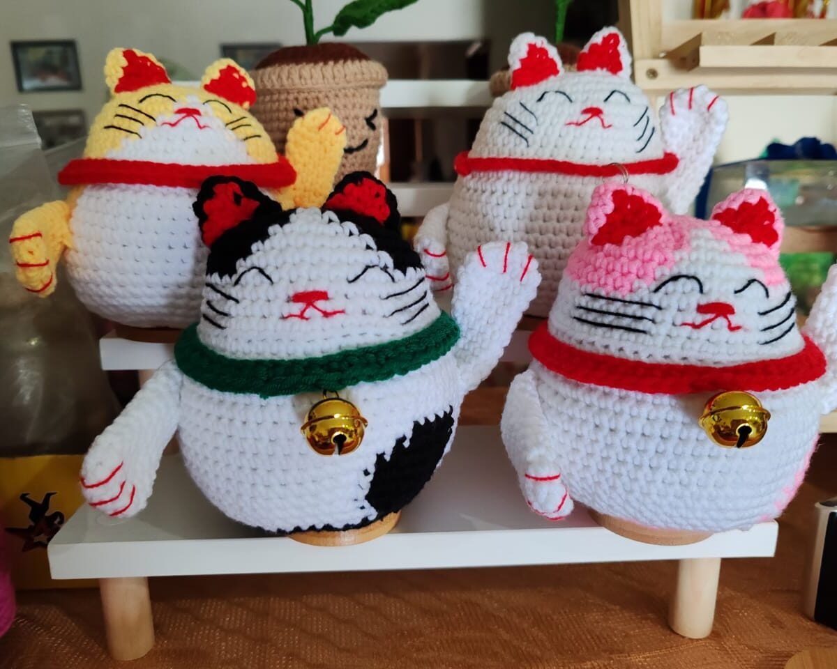 handmade colorful cute mini lucky cat 幸運招財貓 amigurumi patung doll decoration gift stuffed present hadiah