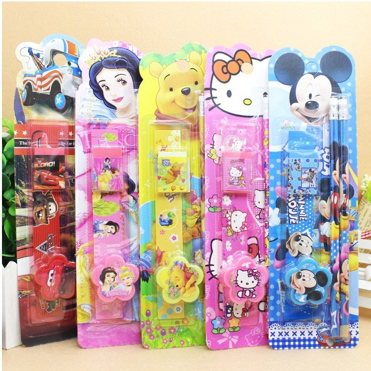 new cartoon kids stationery gift set 5in1 hello kitty, winnie the pooh, princess, cars mc queen, mickey minnie