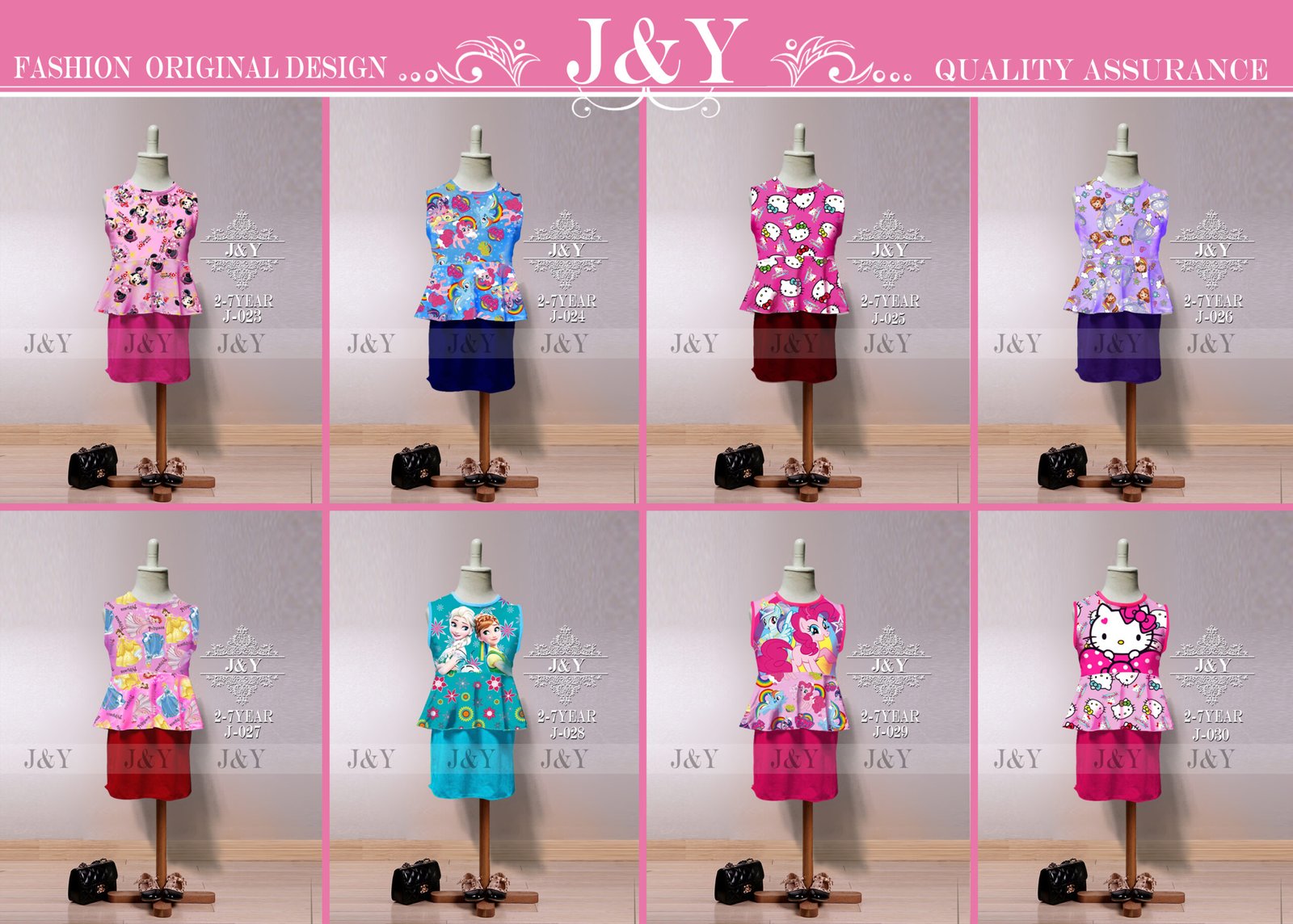 summer casual wear outfit cartoon frozen, hello kitty, little pony, minnie mini skirt peplum set 2pcs(top+skirt) (j&y) size 2 7y