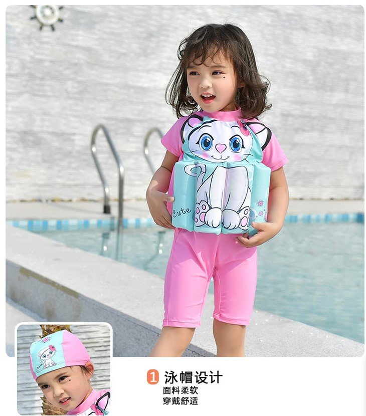 2810 boy girl kids floating swimming suit baju renang swimwear + cap cat m , l , xl 2810 boy girl kids floating swimming suit baju renang swimwear + cap cat m , l , xl